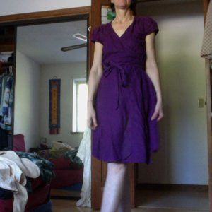 purple linen wrap dress with puff arms from Gap